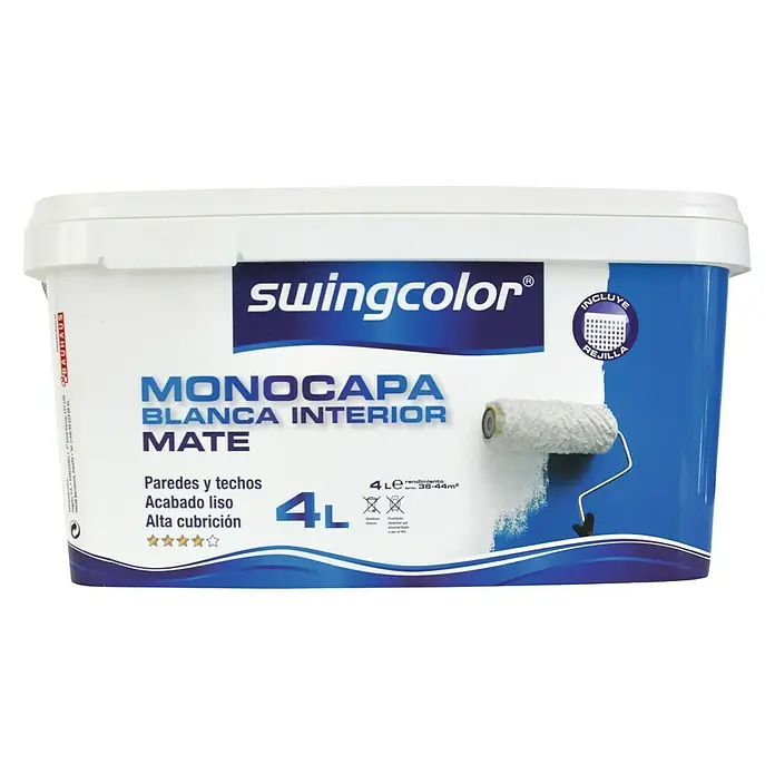 swingcolor Pintura para paredes monocapa - Blanco, Mate, 4 l - Bote de pintura interior Swingcolor Monocapa, Blanco Mate, 4L. Ideal para paredes y techos, alta cubrición, incluye rodillo para fácil aplicación.