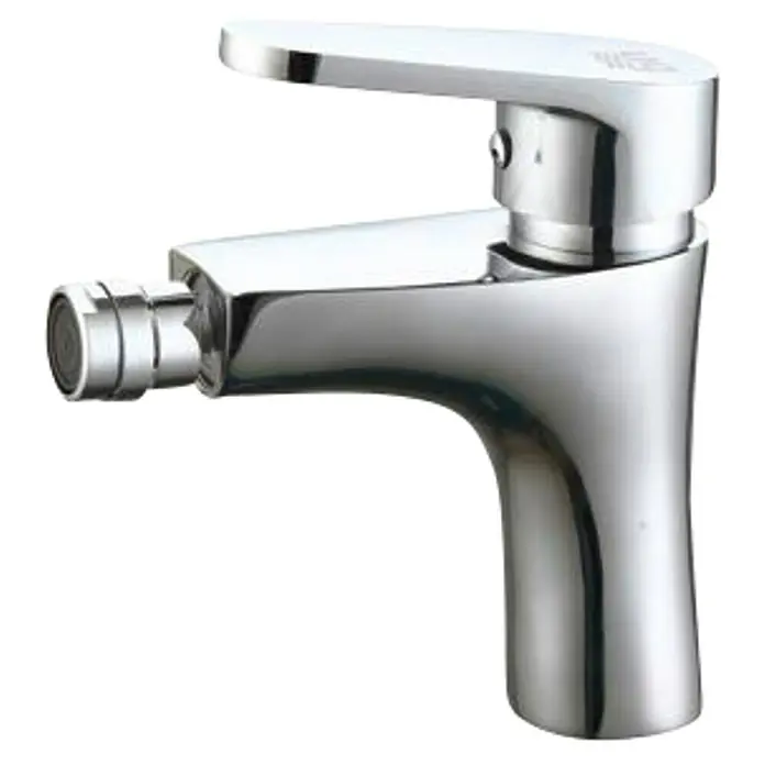 Universal de Grifería Grifo monomando de bidé Bidasoa - Cromo, Resplandeciente - Primer plano de un grifo de bidé cromado con un diseño moderno sobre un fondo negro.