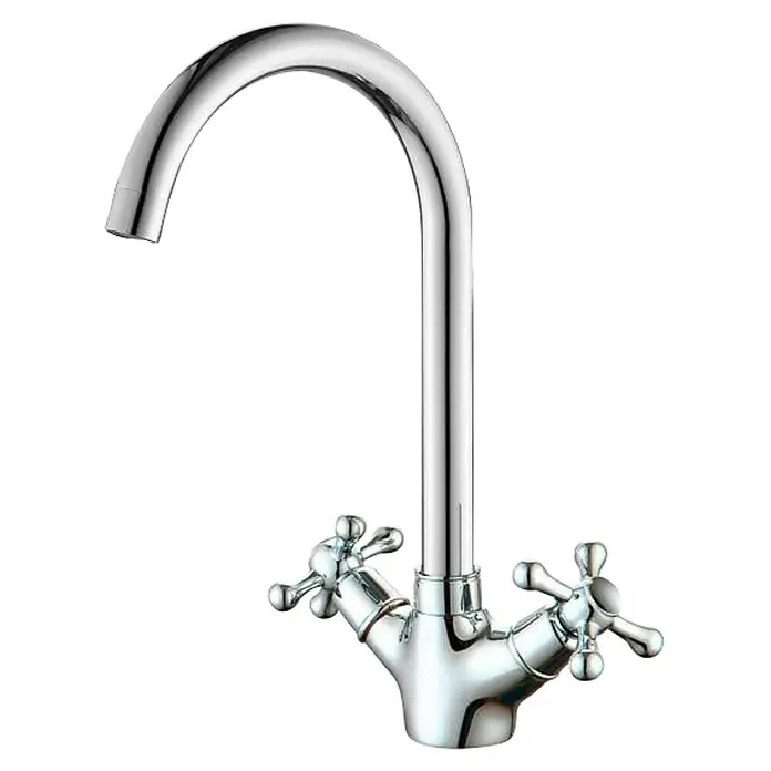 Universal de Grifería Classica Grifo de lavabo caño alto bimando -  - Un grifo cromado brillante con dos manijas sobre un fondo negro. Ideal para baño o cocina, robusto y elegante.