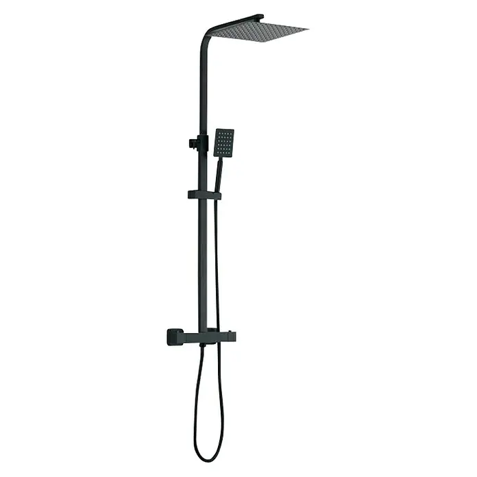 Universal de Grifería Sistema de ducha Boal - Con grifo termostático, Número de tipos de chorro: 1 ud., Negro - Columna de ducha negra con rociador de cabeza y ducha de mano para una experiencia de ducha elegante y un diseño de baño moderno.