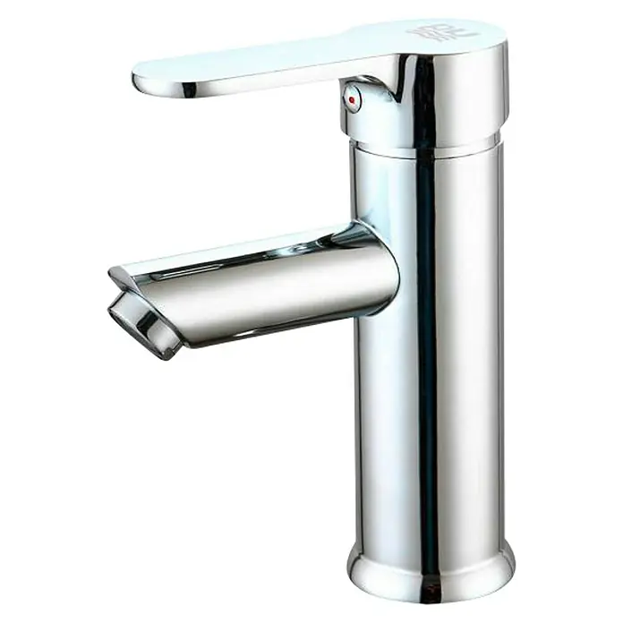 Universal de Grifería Ganges Grifo de lavabo - Cromo, Brillante - Primer plano de un grifo de baño cromado de un solo mando con maneta y caño. El acabado brillante le da un toque moderno al baño.