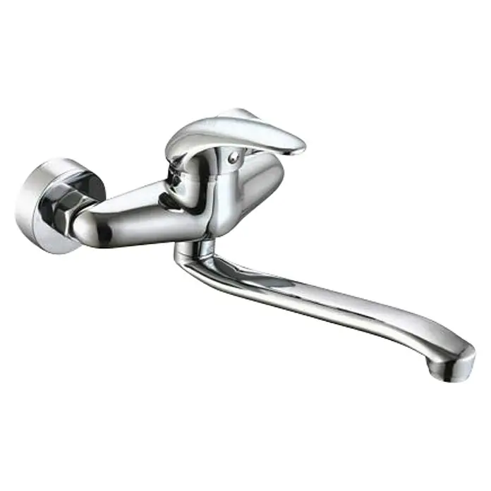 Universal de Grifería Grifo de cocina de pared Kapuas - Cromo, Brillante - Un brillante grifo de pared cromado con un elegante caño curvo y un mango de palanca para una fácil operación.