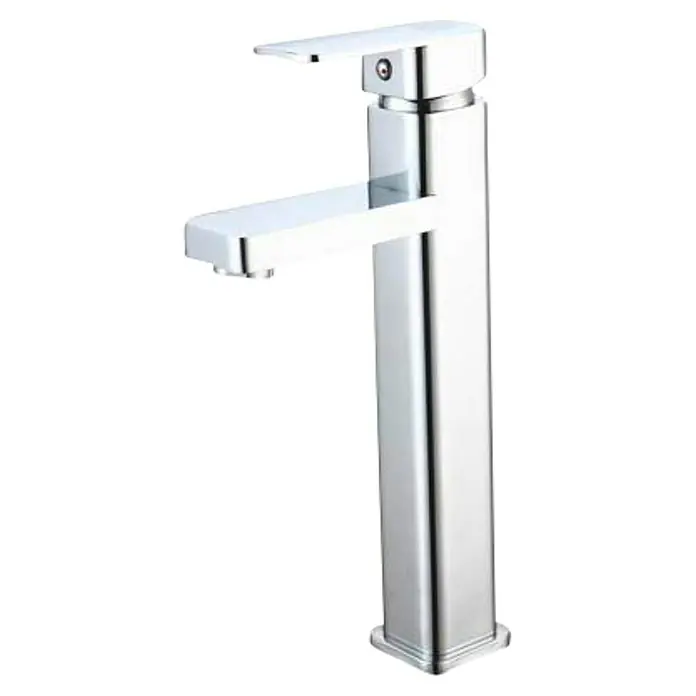 Universal de Grifería Grifo de lavabo caño alto Curvas - Cromo, Brillante - Esta imagen muestra un elegante y moderno grifo de cromo con un diseño limpio y contemporáneo que complementaría cualquier lavabo.