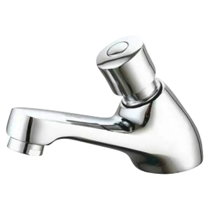 Universal de Grifería Grifo de lavabo Temporizado - Cromo, Brillante - Primer plano de un grifo cromado brillante con palanca para control del agua. Diseño contemporáneo para baño o cocina.