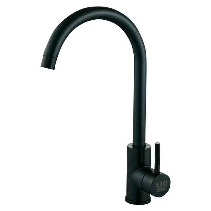 Universal de Grifería Catriel Grifo de cocina - Negro, Mate - Grifo negro con caño curvo. El cuerpo del grifo es cilíndrico y el mango está en el lado derecho.