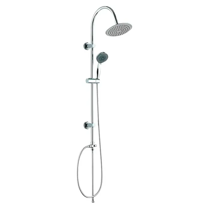 Universal de Grifería Sistema de ducha Alba - Sin grifo, Cromo - En la imagen se muestra un conjunto de ducha cromado que incluye un cabezal de ducha tipo lluvia y una ducha de mano. El sistema de ducha cuenta con una barra para ajustar fácilmente la altura.