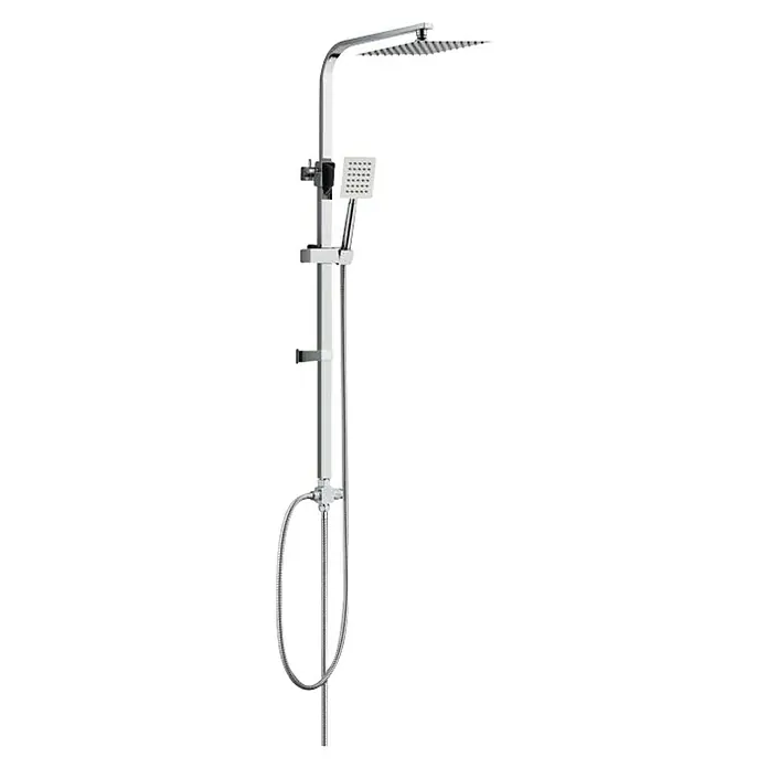 Universal de Grifería Sistema de ducha Montalban - Sin grifo, Cromo - Imagen del producto de una moderna columna de ducha cromada con rociadores superiores y de mano, ideal para un baño elegante.