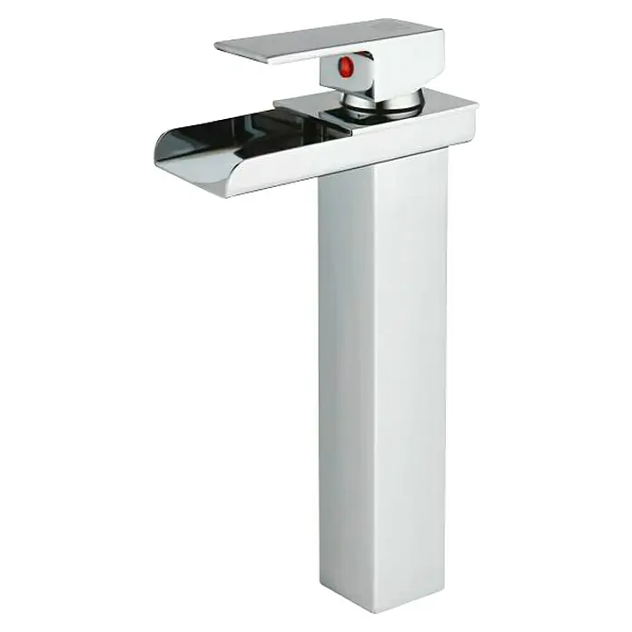 Universal de Grifería Grifo de lavabo Perla - Cromo, Brillante - Grifo de lavabo cromado moderno con caño de cascada y un botón de control rojo para un diseño de baño elegante.