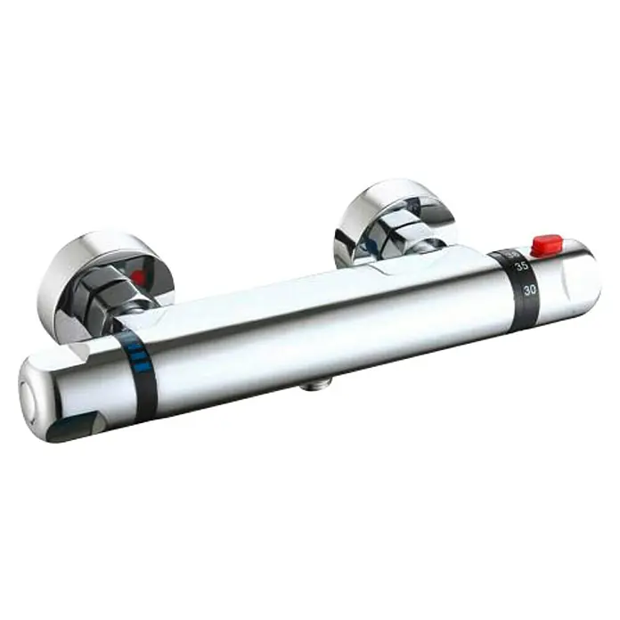 Universal de Grifería Sena Grifo con termostato - Ancho: 27,5 cm, Cromo, Resplandeciente - Grifo mezclador termostático de ducha cromado, perfecto para un baño moderno, con ajustes de temperatura y un botón de seguridad rojo.