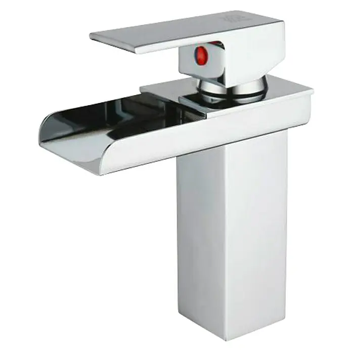 Universal de Grifería Grifo de lavabo Poveda - Cromo, Brillante - Grifo cromado moderno con salida plana para baños elegantes, con un diseño elegante y contemporáneo.