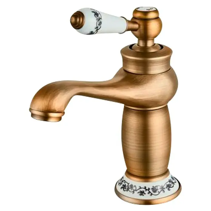 Universal de Grifería Grifo de lavabo Neoclasico - Bronce, Mate - Elegante grifo de lavabo con acabado en bronce, mango blanco y detalles florales, perfecto para un baño con estilo.