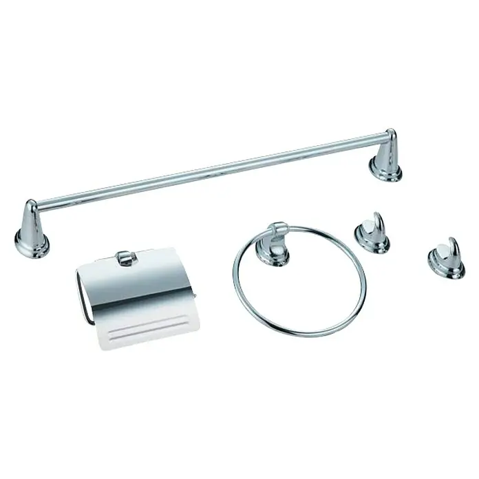 Universal de Grifería Set de baño Gredos - 5 pzs., Cromo, Resplandeciente - Un juego de baño cromado que incluye una barra de toalla, un toallero de aro, un portarrollos y dos ganchos, todo con un acabado brillante.