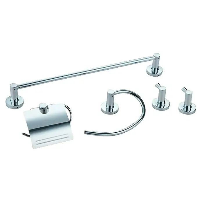 Universal de Grifería Set de baño Antela - 5 pzs., Cromo, Resplandeciente - Un juego de accesorios de baño cromados, que incluye una barra de toalla, un portarrollos de papel, un anillo de toalla y ganchos.