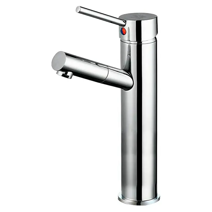Universal de Grifería Loira Grifo de lavabo caño alto - Cromo, Brillante - Un moderno grifo de baño alto cromado con palanca e indicador de temperatura. Elegante para cualquier baño.