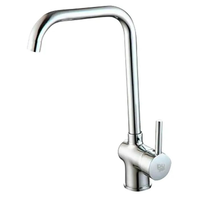 Universal de Grifería Grifo de cocina Terek - Cromo, Brillante - Primer plano de un elegante grifo cromado con un caño curvo y un mezclador de una sola palanca. Ideal para cocinas modernas.