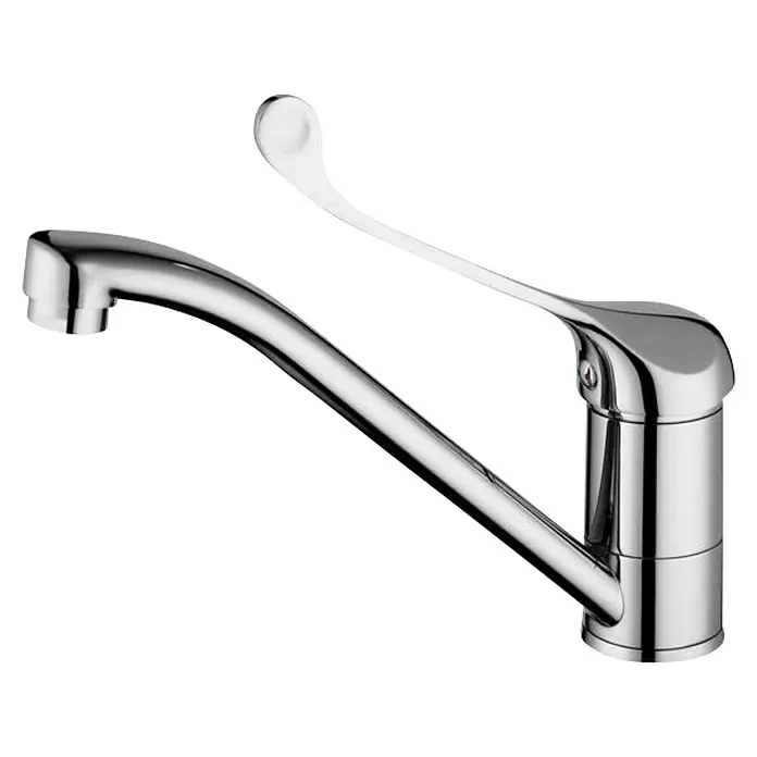 Universal de Grifería Grifo de cocina con maneta médica Indo - Cromo, Brillante - Un grifo cromado brillante con un caño largo y curvo y un asa elegante, perfecto para cocinas o baños modernos.