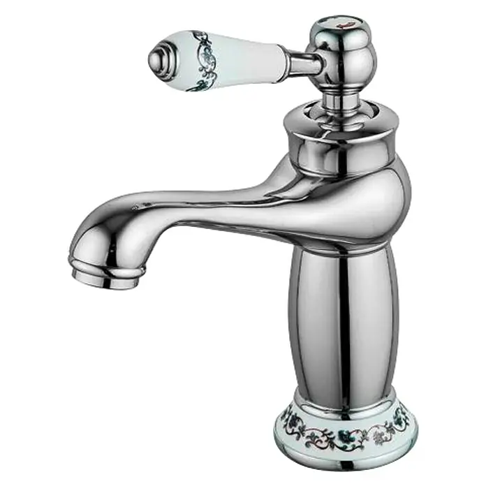 Universal de Grifería Grifo de lavabo Neoclasico - Cromo, Brillante - Elegante grifo con acabado cromado y decoración floral en el mango y la base. Diseño de alta calidad para baños elegantes.