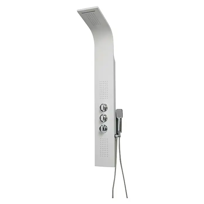 Universal de Grifería Panel de ducha de hidromasaje A-7304 - Altura: 140 cm, Con grifo termostático, Blanco - Elegante panel de ducha blanco con rociador superior, jets de masaje y ducha de mano para una experiencia lujosa.