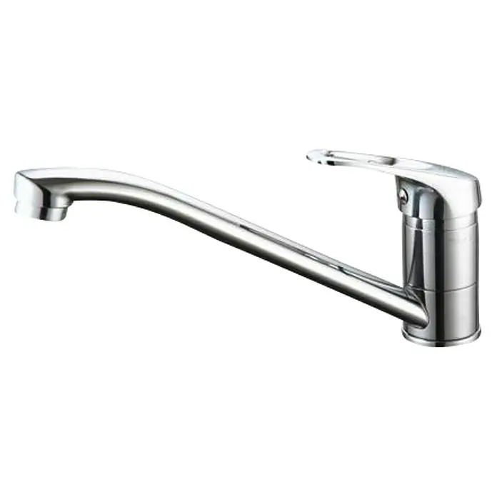 Universal de Grifería Grifo de cocina Besaya - Cromo, Brillante - Elegante grifo monomando cromado con caño giratorio, ideal para cocina o baño, presentado sobre un fondo negro.