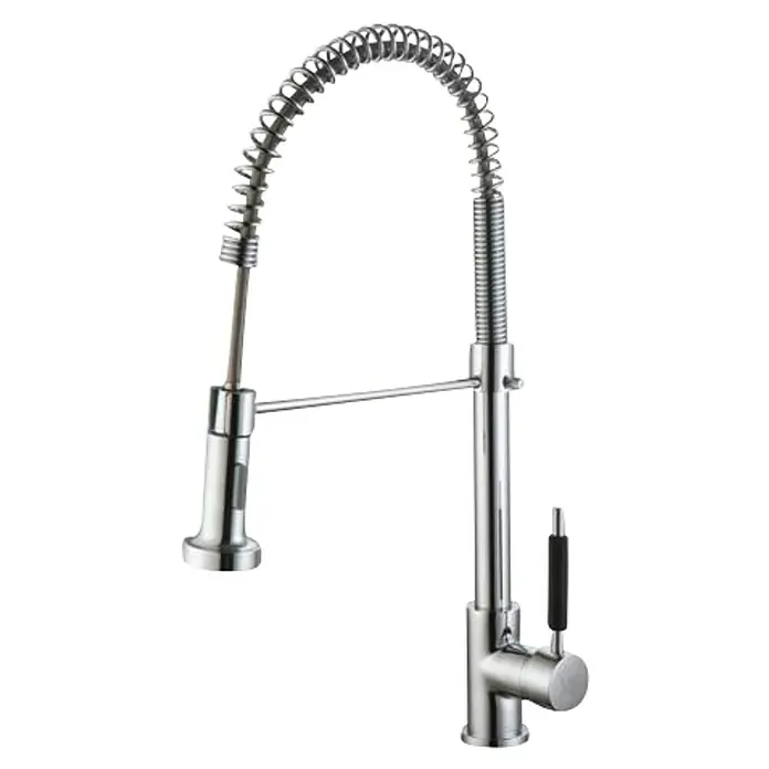 Universal de Grifería Grifo de cocina extensible Industrial - Cromo, Brillante - Vista detallada de un grifo de cocina moderno y brillante con muelle en espiral y rociador extraíble sobre un fondo negro.