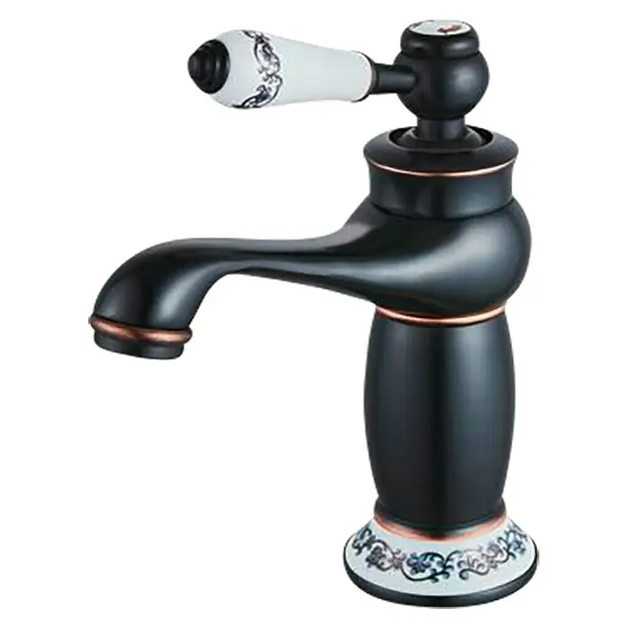 Universal de Grifería Grifo de lavabo Neoclasico - Negro, Mate - Grifo negro detallado con mango de cerámica blanca y decoraciones intrincadas, ideal para un baño elegante.