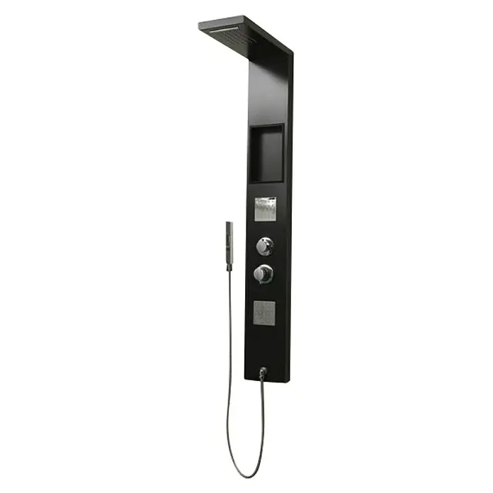 Universal de Grifería Panel de ducha de hidromasaje A-851 - Altura: 150 cm, Con grifo monomando, Negro - Elegante conjunto de panel de ducha negro con estante integrado, controles y manguera para un diseño de baño moderno.