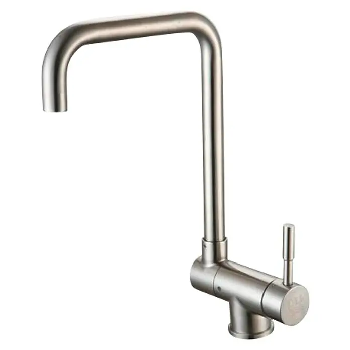 Universal de Grifería Grifo de cocina abatible - Cromo, Mate sedoso - Elegante grifo de cocina de acero inoxidable. El grifo presenta un diseño minimalista y moderno con líneas limpias.