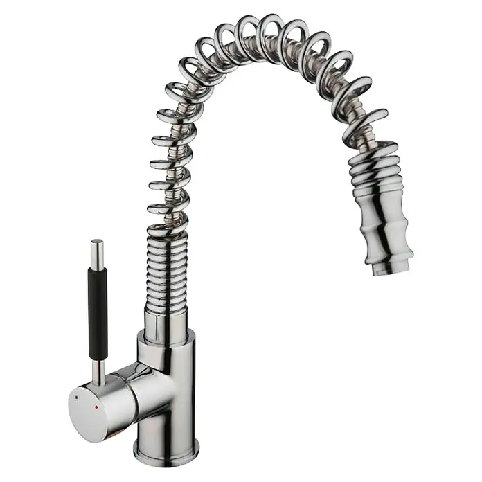 Universal de Grifería Grifo de cocina extensible Semiprofesional - Cromo, Brillante - Un moderno grifo de cocina con salida en espiral y acabado cromado, ideal para cocinas contemporáneas.