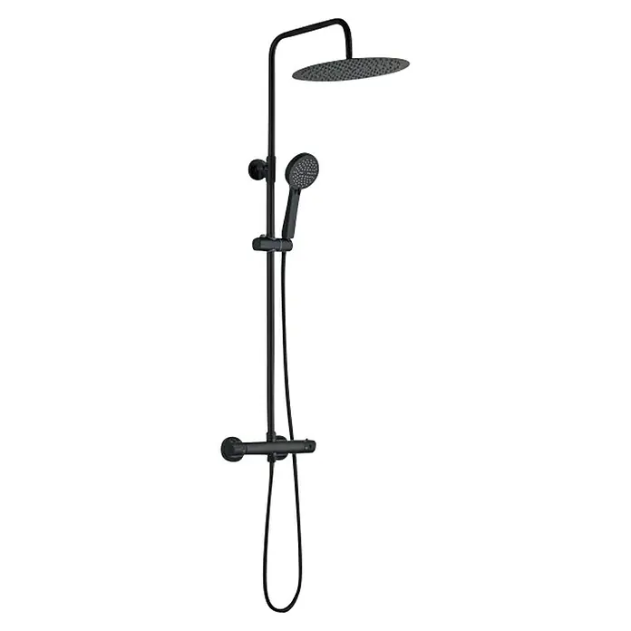 Universal de Grifería Sistema de ducha Tahoe - Con grifo termostático, Negro - Sistema de ducha negro con rociador y ducha de mano para un diseño de baño moderno. Materiales de alta calidad para durabilidad.