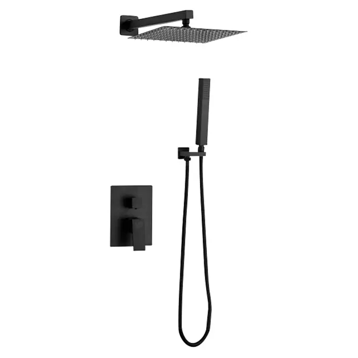 Universal de Grifería Sistema de ducha empotrado Arenas - Con grifo monomando, Tipos de chorro: Chorro único, Negro - Esta imagen muestra un elegante conjunto de ducha negro mate que incluye un cabezal de lluvia, una ducha de mano y un termostato.