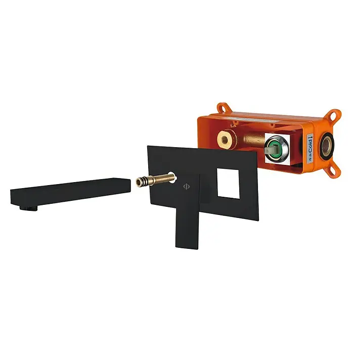 IO Orion Grifo de lavabo - Negro - Imagen de producto de un moderno conjunto de grifo de pared negro mate con caja de instalación incluida, combinando estilo y funcionalidad.