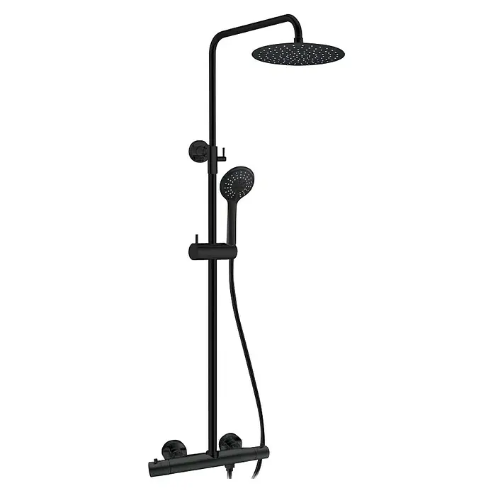 IO Round Sistema de ducha Elite - Negro - Sistema de ducha negro con rociador de lluvia y ducha de mano para un diseño de baño moderno. Elegante solución de ducha.