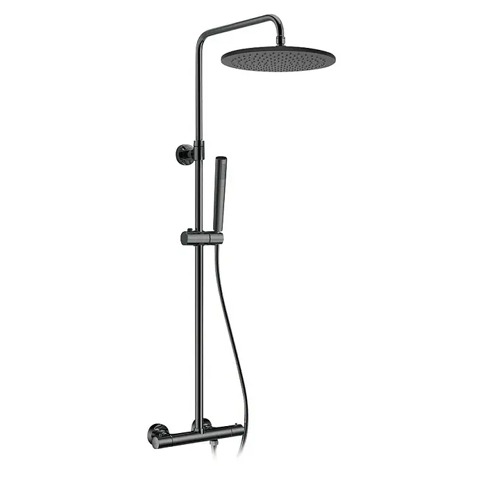 IO Round Sistema de ducha Elite - Titanio - Conjunto de ducha negro con rociador superior y ducha de mano. Diseño moderno y elegante.