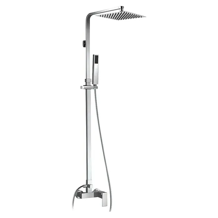 IO Sistema de ducha Quadra - Con grifo monomando, Distancia entre orificios: 15 cm, Cromo - Columna de ducha con rociador superior y ducha de mano con un diseño moderno. El accesorio está hecho de material de alta calidad.