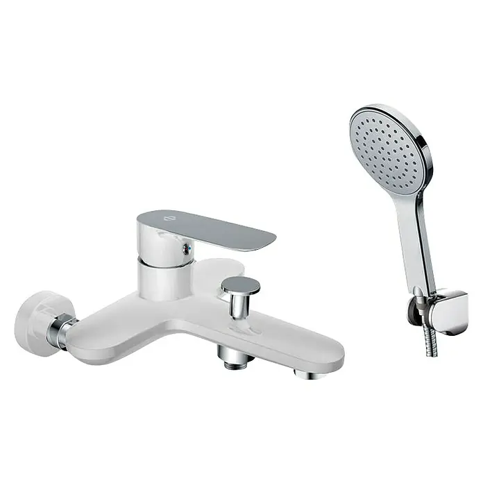 IO Cassio Grifo monomando de bañera - Blanco/Cromo - Grifo de baño con monomando cromado y teleducha para ducha o bañera, diseño moderno.