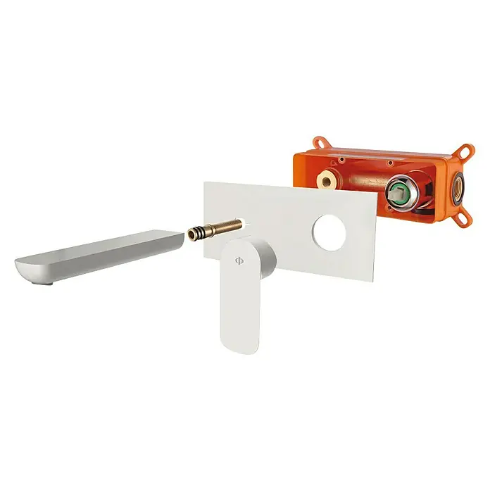 IO Cassio Grifo de lavabo Cassio - Blanco - Grifo de lavabo empotrado con caño rectangular, palanca de control blanca y caja de empotrar naranja para un diseño elegante de baño.