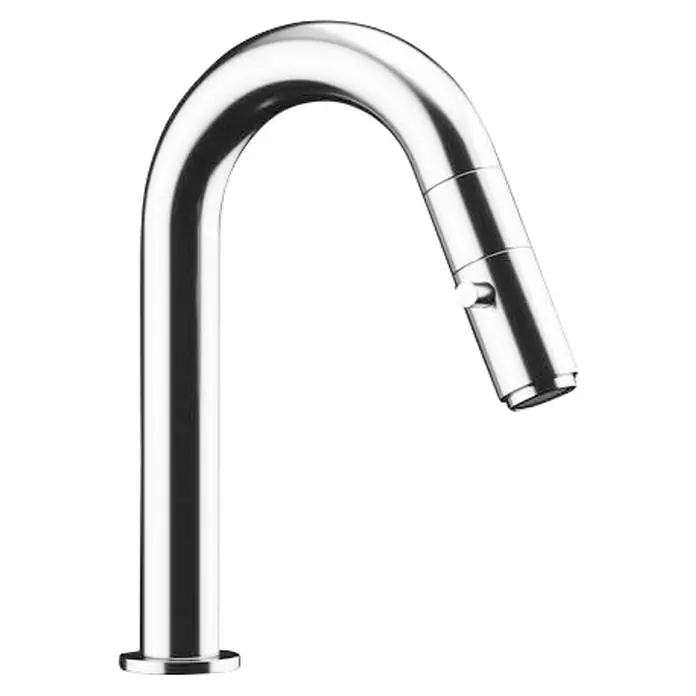 IO Grifo de lavabo IO'S 5 - Cromo, Brillante - Primer plano de un elegante grifo de cocina de acero inoxidable con un diseño curvo y rociador extraíble. Perfecto para cocinas modernas.