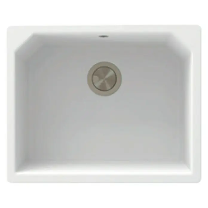Atron Fregadero encastrable Magma - 48,5 x 59,5 cm, Material compuesto, Blanco - Fregadero: Fregadero de cerámica blanca con un desagüe redondo en el centro para un diseño de cocina moderno.