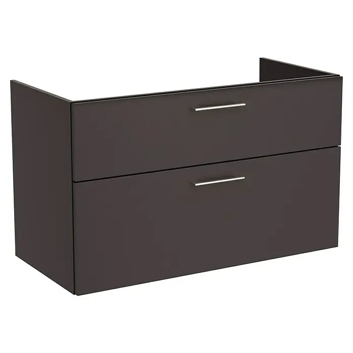 Camargue Aurinia Waschtischunterschrank - 100 x 48 x 60 cm, Anthrazit - Eine Nahaufnahme eines modernen, braunen Badezimmerunterschranks mit zwei Schubladen und silbernen Griffen vor schwarzem Hintergrund.