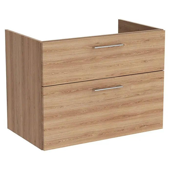 Camargue Aurinia Waschtischunterschrank - 80 x 48 x 60 cm, Natural Oak - Ein Waschtischunterschrank in Holzoptik mit zwei Schubladen und schlichten Griffen für ein modernes Badezimmerdesign.