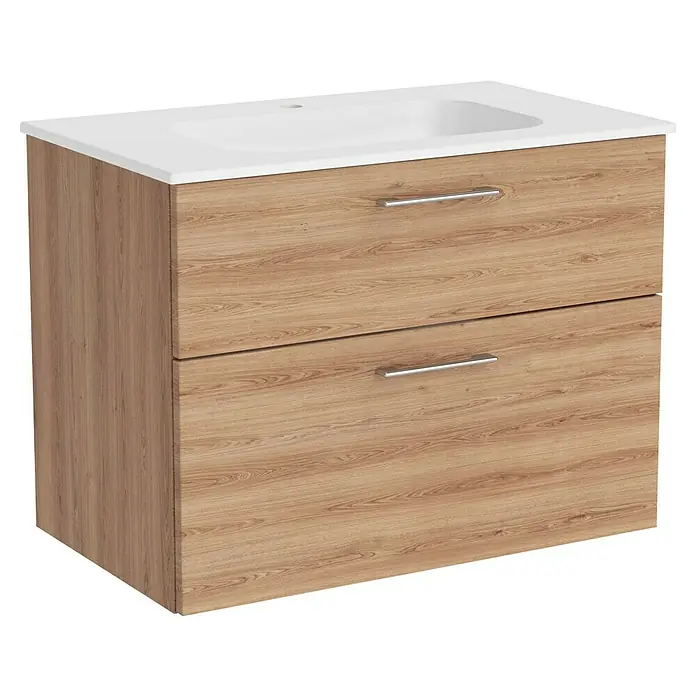 Camargue Aurinia Waschtischunterschrank - 80 x 48 x 60 cm, Natural Oak - Waschtischunterschrank mit zwei Schubladen und einer weißen Ablagefläche. Das Holz hat eine schöne Maserung.