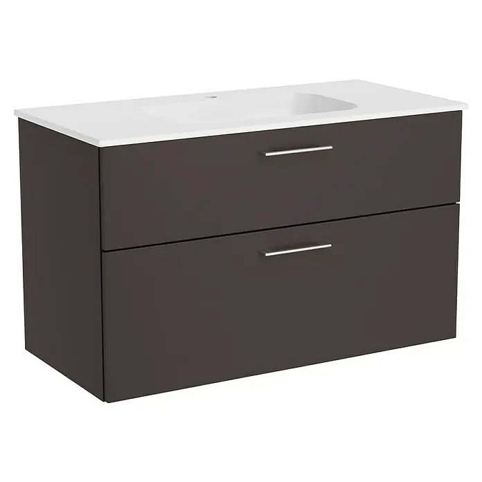 Camargue Aurinia Waschtischunterschrank - 100 x 48 x 60 cm, Anthrazit - Schrankwaschtisch in dunklem Braun mit zwei Schubladen und einem weißen Aufsatzwaschbecken für das moderne Badezimmer.