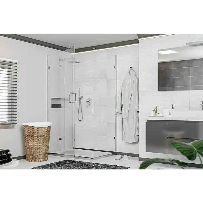Wandfliese Layers Base Gris - 30 x 90 cm, Grau, Matt - Helles Badezimmer mit einer modernen Duschkabine aus Glas, die das elegante Design und die Funktionalität des Raumes betont.