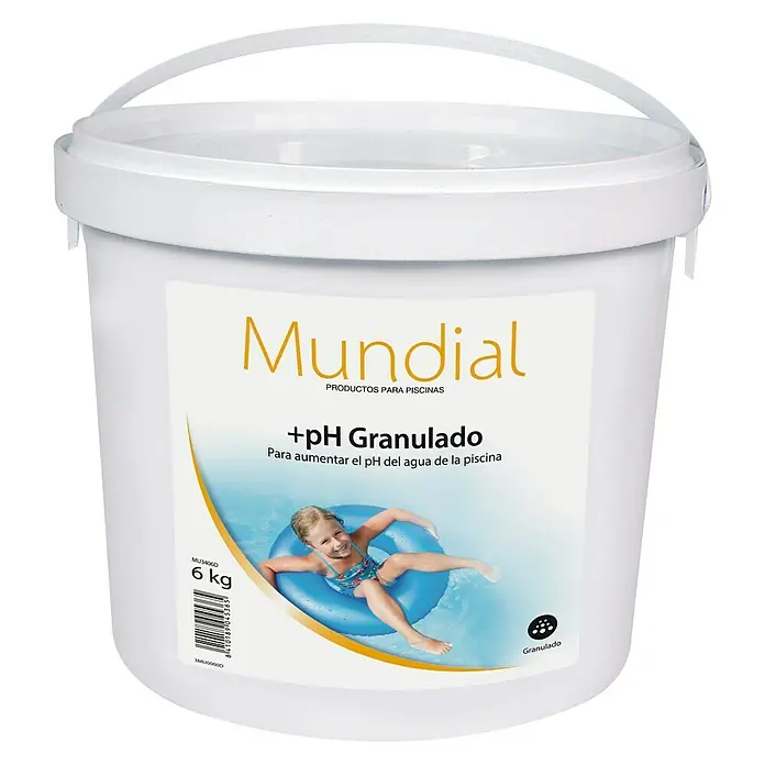 Mundial ph positivo granulado - 6 kg - Un cubo blanco de "Mundial +pH Granulado" de 6 kg, diseñado para aumentar el pH del agua de la piscina, con una imagen de un niño en un flotador.