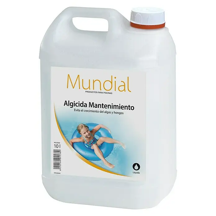 Mundial Protector antialgas de mantenimiento - 10 l - Botella blanca de Algicida Mantenimiento Mundial para piscinas, 10l. Evita el crecimiento de algas y hongos para agua limpia.
