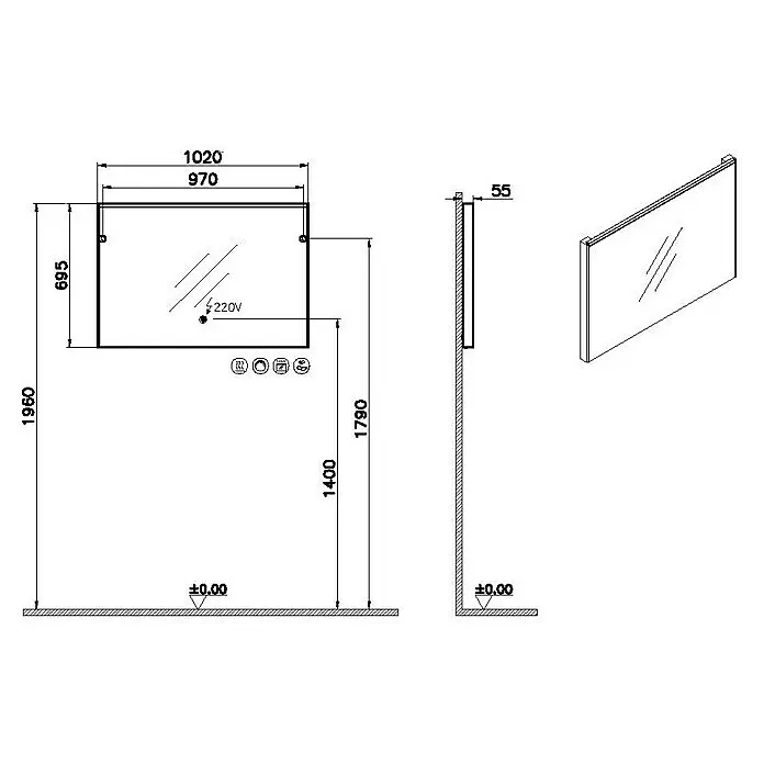 VitrA Sento Badmöbel-Set - 98 cm, Anthrazit, 2 Schubladen, Ohne Wäschekorb - Technische Zeichnung eines rechteckigen Wandspiegels mit integriertem Stromanschluss, Vorder-, Seiten- und isometrische Ansicht mit Maßen.