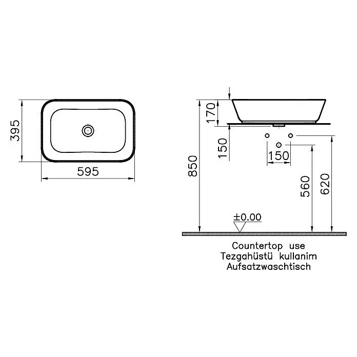 VitrA Aurinia 2.0 Aufsatzwaschbecken - 59,5 x 39,5 cm, Hahnloch: Ohne, Ohne Überlauf, Weiß - Technische Zeichnung eines rechteckigen Aufsatzwaschbeckens mit Maßen.