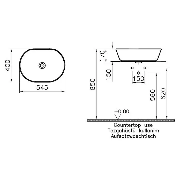 VitrA Aurinia 2.0 Aufsatzwaschbecken - 54,5 x 40 cm, Hahnloch: Ohne, Ohne Überlauf, Weiß - Ovales Aufsatzwaschbecken, technische Zeichnung mit Maßen 545x400x170mm.