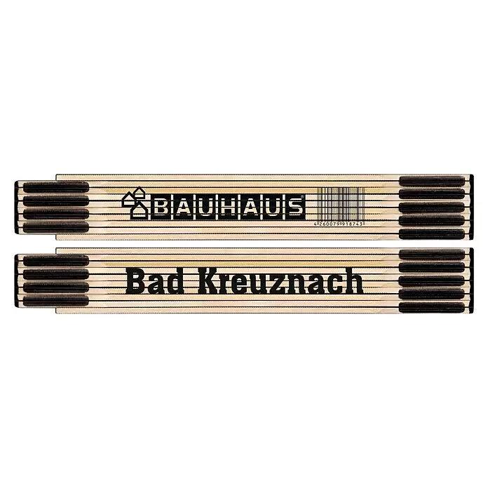 BAUHAUS Zollstock - Bad Kreuznach - Hölzerner Gliedermaßstab mit "BAUHAUS"-Logo, Barcode und "Bad Kreuznach"-Schriftzug.