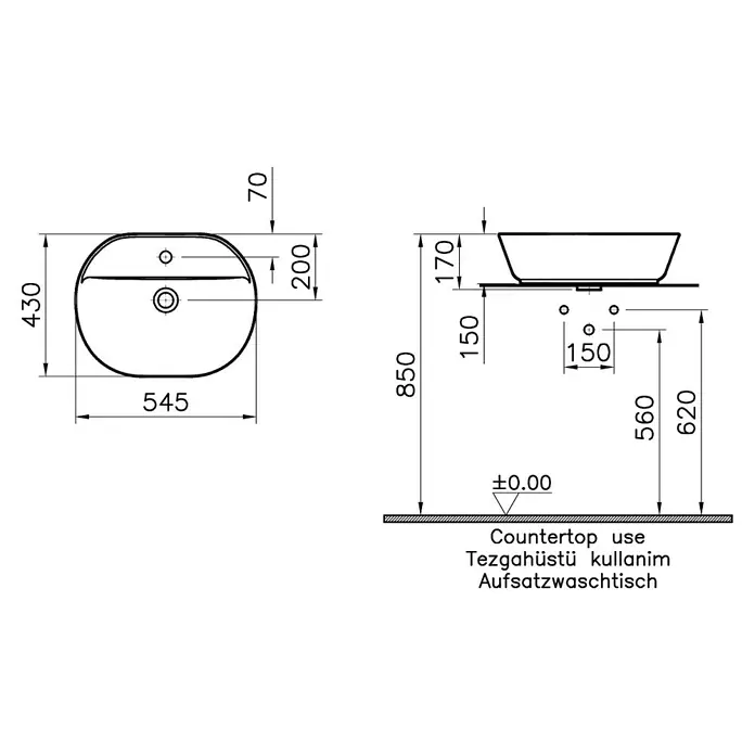 VitrA Aurinia 2.0 Aufsatzwaschbecken - 54,5 x 43 cm, Hahnloch: Mitte, Mit Überlauf, Weiß - Technische Zeichnung eines Aufsatzwaschtischs mit Maßangaben für Installation und Design.